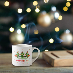 Tasse Expresso Joyeux Noël Arbres Aquarelle – Cadeau de Fêtes