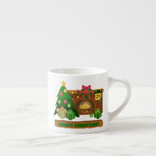 Tasse Expresso Joyeux Noël près de la cheminée bonfire xmas arbre