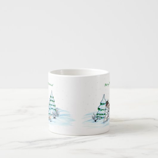 Tasse Expresso Joyeux Noël ! Snowman avec chat et chiot (Devant)