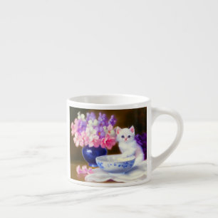Tasse Expresso Kitten blanc vintage avec ruban violet