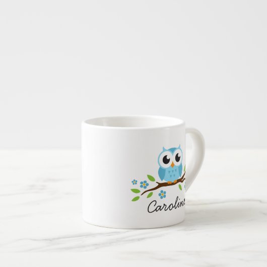 Tasse Expresso Le hibou bleu mignon sur la branche florale a (Devant droit)