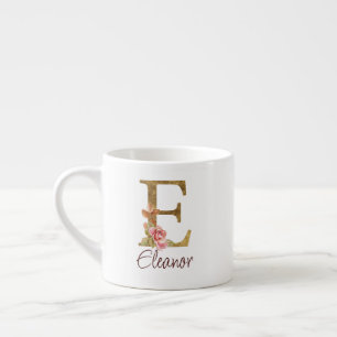 Tasse Expresso Lettre de nom personnalisée E Roses roses blush fe