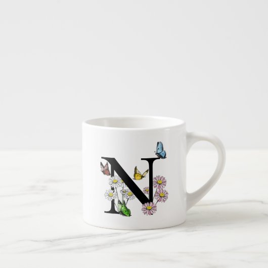 Tasse Expresso Lettre N Monogramme de papillon floral (Droite)