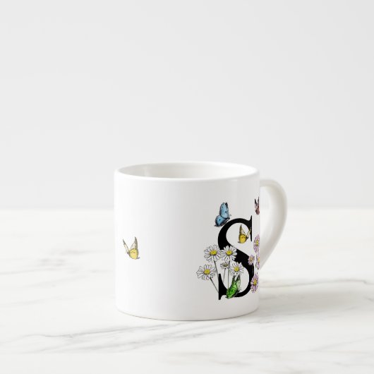 Tasse Expresso Lettre S Floral Papillon Monogramme Initiale   (Devant droit)