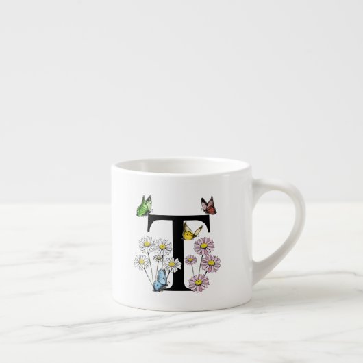 Tasse Expresso Lettre T Floral Papillon Monogramme Initiale (Droite)