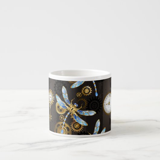 Tasse Expresso Libellules Steampunk sur fond rayé marron (Devant)