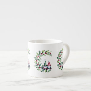 Tasse Expresso Lutins de Noël à l'aquarelle assis sur une brindil