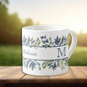 Tasse Expresso Monogramme de la frontière Feuille en bleu d'Indig