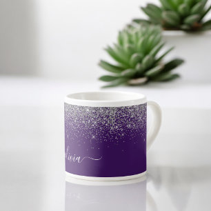 Tasse Expresso Monogramme Fille Paillettes Argent Violet