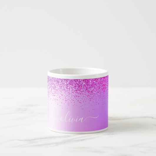 Tasse Expresso Monogramme Violet Pailleté Étincelant Script Fémin (Devant)
