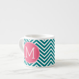 Tasse Expresso Motif Chevron avec Monogramme - Turquoise rose
