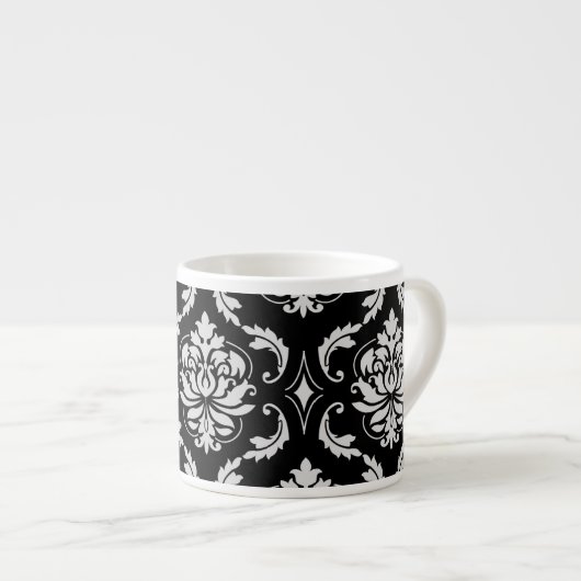 Tasse Expresso Motif floral noir et blanc classique de damassé (Devant droit)