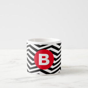 Tasse Expresso Motif Zig Zag Noir et Blanc Monogramme Rouge