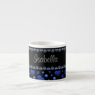 Tasse Expresso Nom personnalisé, motif de paillettes de cœur bleu