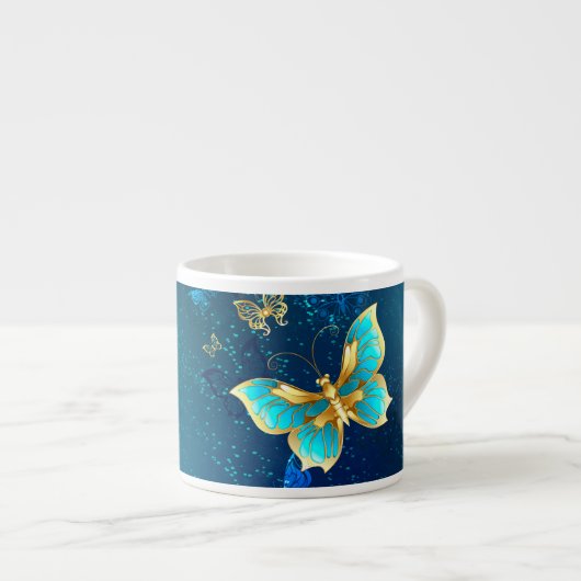 Tasse Expresso Papillons d'or sur un Arrière - plan bleu (Devant droit)
