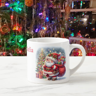 Tasse Expresso Père Noël de Noël et arbre Nom personnalisé Coupe