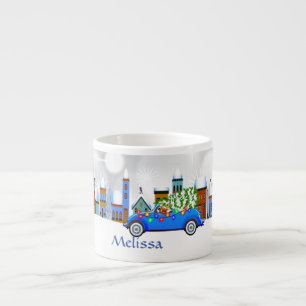 Tasse Expresso Petite voiture bleue et arbre Noël personnalisé