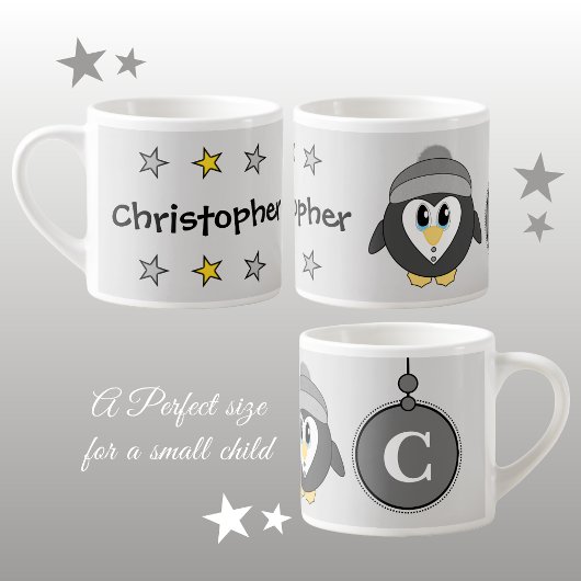 Tasse Expresso Pingouin mignon gris jaune avec étoiles enfant