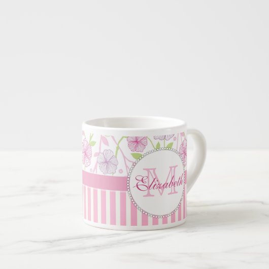 Tasse Expresso Rose pastel, violet, fleurs, rose & blanc rayures (Devant droit)