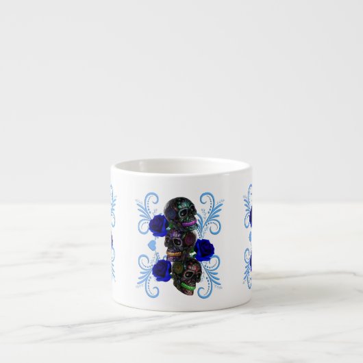 Tasse Expresso Triple Jour Noir Des Crânes Morts Roses Bleus (Devant)