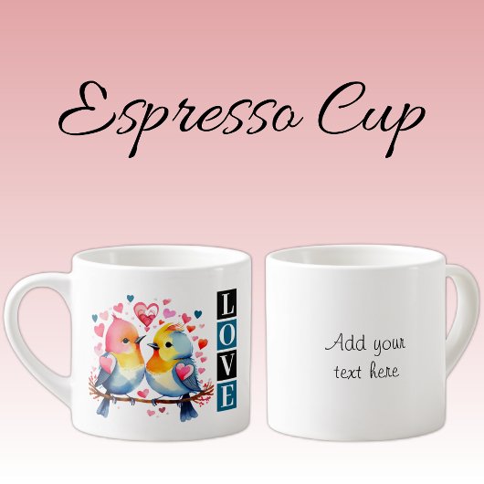 Tasse Expresso Valentine lovebirds custom text blue
