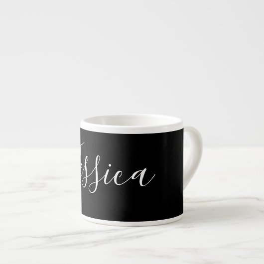Tasse Expresso Votre nom | Élégant script blanc sur noir (Devant droit)