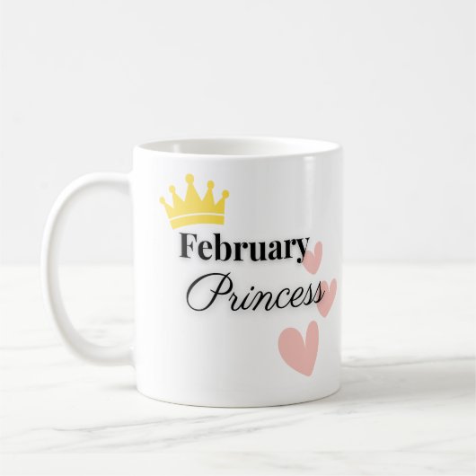 Tasse Février Princesse – Couronne Dorée & Dessin (Gauche)