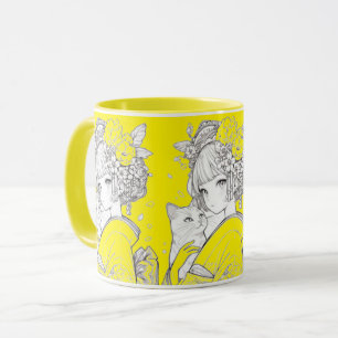 Tasse fille japonaise avec kimono et chaton