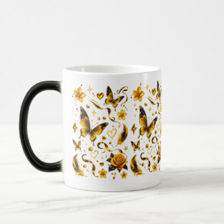 Tasse florale Papillon Doré | Poignée noire élégan