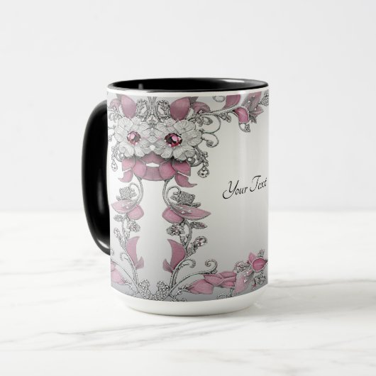 Tasse florale rose argentée blanche (Devant gauche)