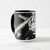 Tasse Fusée Rétro – Cosmic Cool en Noir & Blanc (Devant gauche)