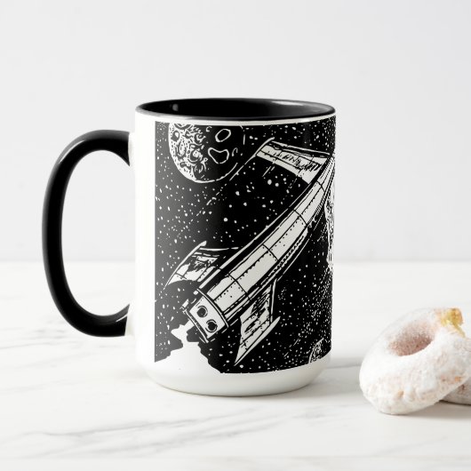 Tasse Fusée Rétro – Cosmic Cool en Noir & Blanc (Avec donut)