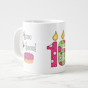 Tasse Géante 16èmes anniversaire/bougies heureux+Nom de