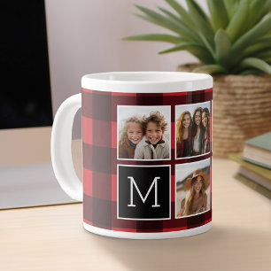 Tasse Géante Collage de photos - Monogramme carreaux plaid roug