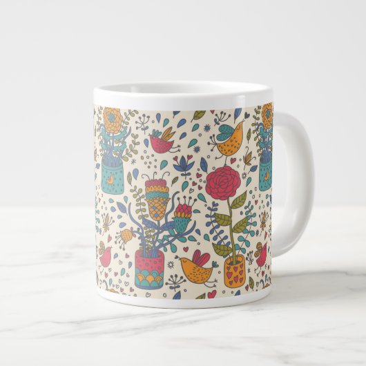 Tasse Géante Dessin floral de dessin avec oiseaux 2 (Devant droit)