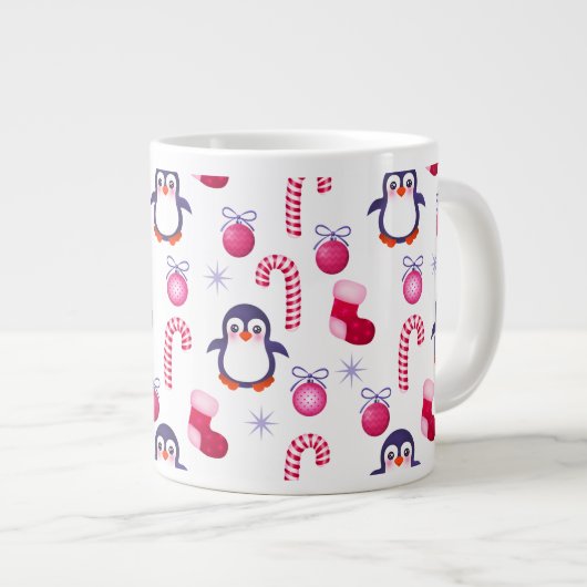 Tasse Géante Joli Motif de Noël rose et blanc avec des pingouin (Devant droit)