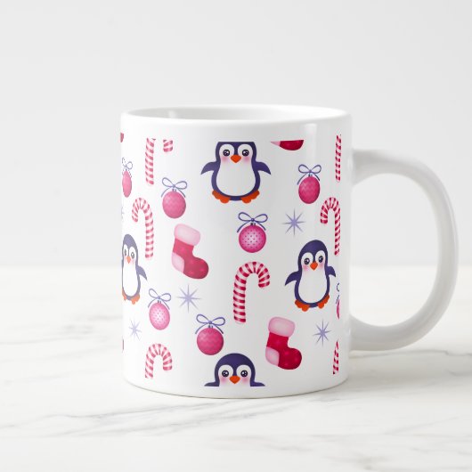 Tasse Géante Joli Motif de Noël rose et blanc avec des pingouin (Droite)