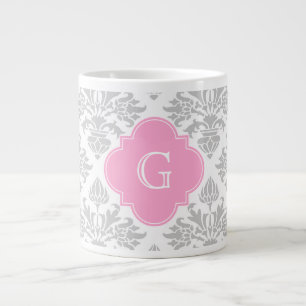 Tasse Géante Lg Gris Blanc Floral Damask #3 Monogramme rose Ét