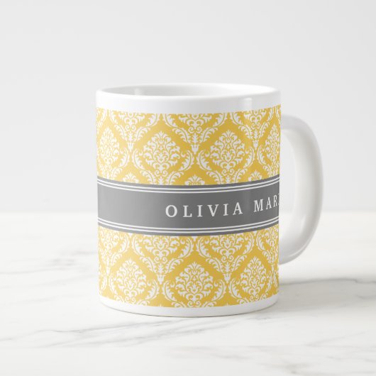 Tasse Géante Modèle élégant jaune damassé avec nom gris (Devant droit)