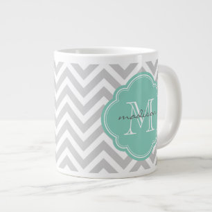 Tasse Géante Monogramme personnalisé Gris et Aqua Chevron