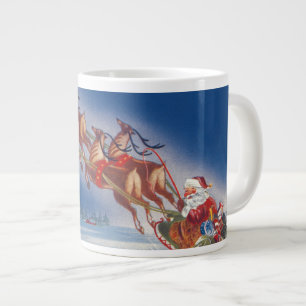 Tasse Géante Noël vintage, Père Noël volant son traîneau avec d