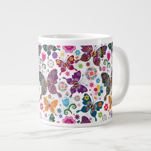 Tasse Géante Papillons et fleurs colorés rétro Motif (Devant droit)