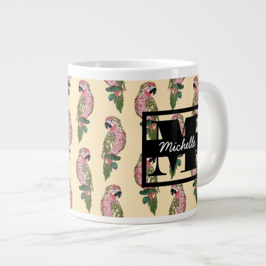 Tasse Géante Perroquets de style Zentangle| Monogramme (Devant droit)