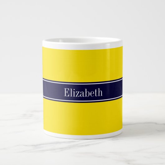 Tasse Géante Solid Yellow, Navy Blue Ribbon Monogram (Devant)