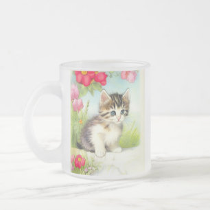 Tasse Givré Chaton vintage blanc et Brown avec fleurs