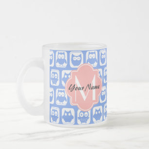 Tasse Givré Chouette bleue Motif Corail Monogramme Nom personn