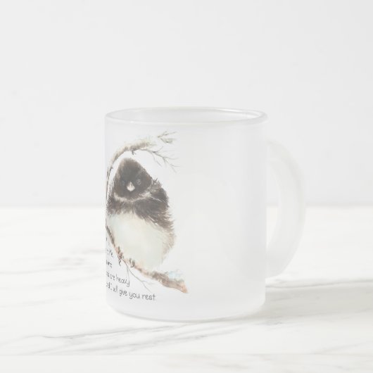 Tasse Givré Jote Junco Bird, Écriture, Matt 11:28, Repos (Devant droit)