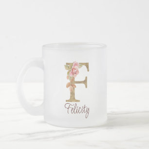 Tasse Givré Lettre de nom personnalisée F Roses roses blush en