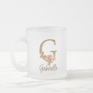 Tasse Givré Lettre de nom personnalisée G Rose poudré et feuil