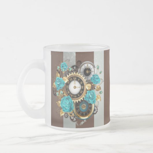 Tasse Givré Steampunk Clock and Turquoise Roses on Striped (Gauche)